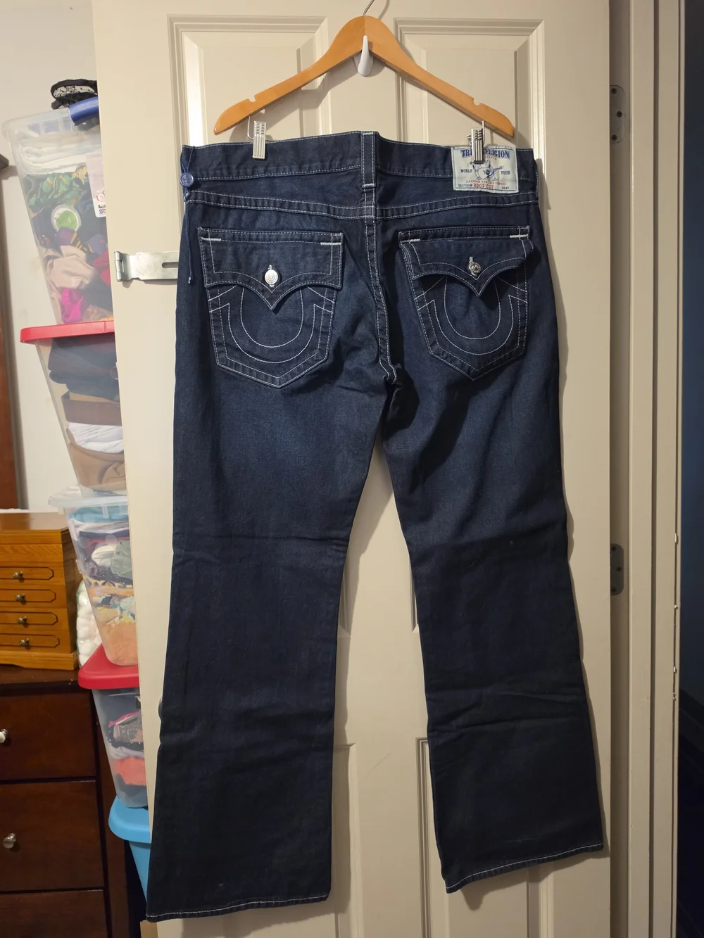 True Religion Men’s Dark Blue Bootcut Jeans with Contrast Stitching